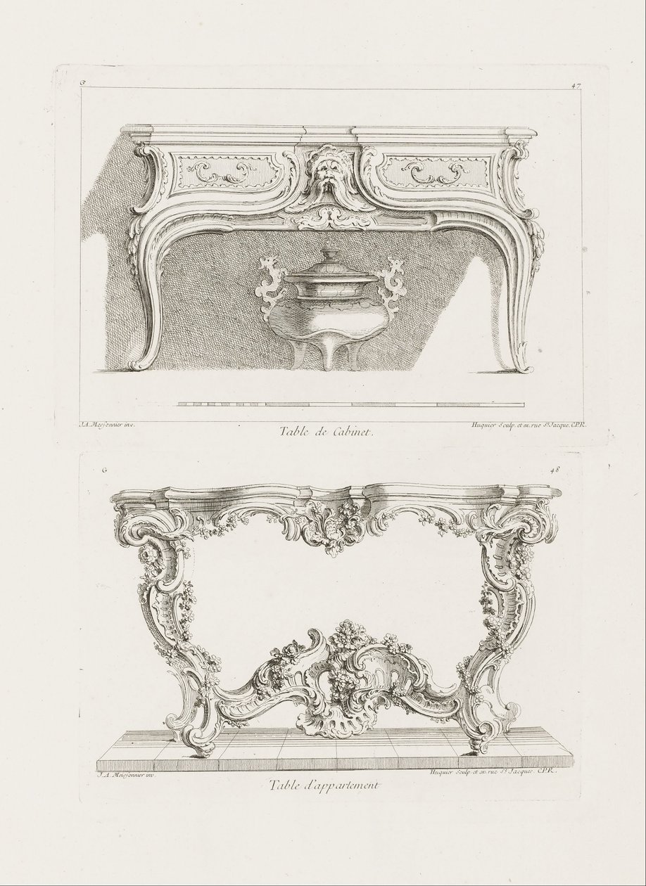 Tisch des Kabinetts, 6. Tafel (Studie für einen Tisch), Tafel 47 in Oeuvre von Juste Aurèle Meissonnier