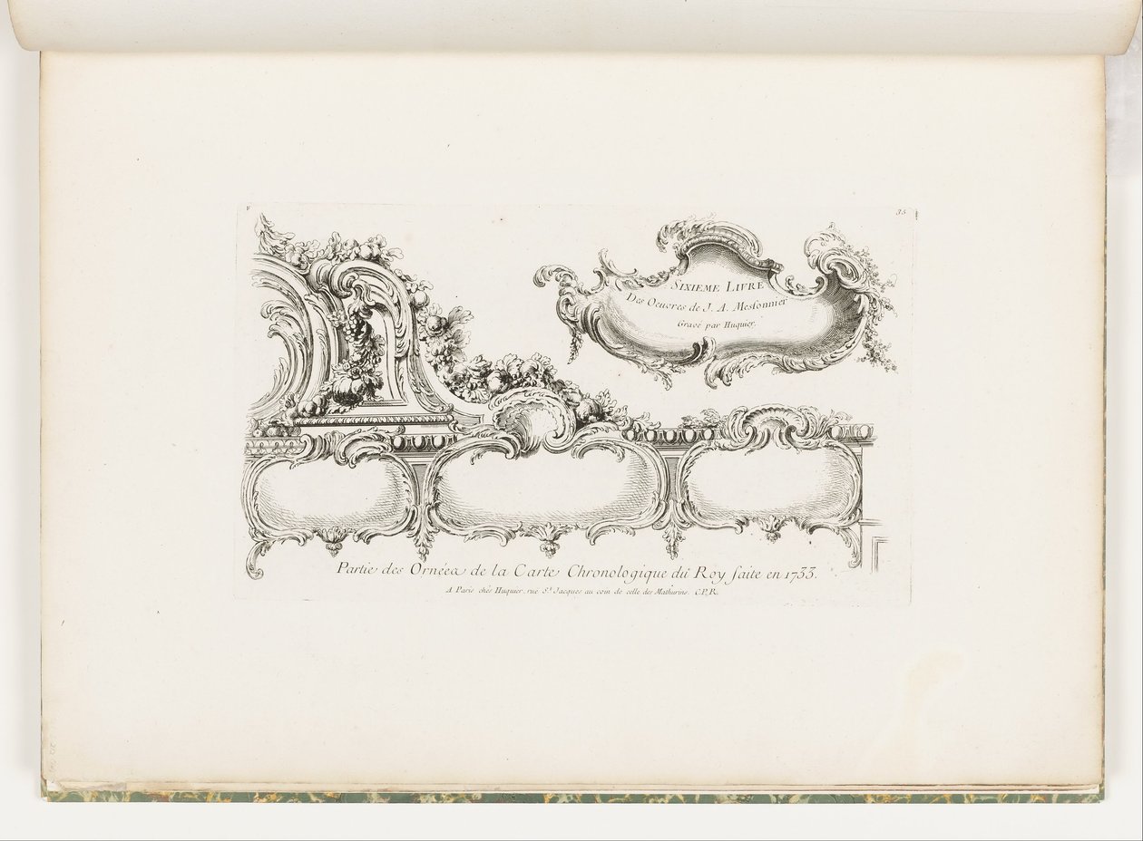 Teil der Ornamentik der Chronologie von 1733 für den König, pl. 35 in Oeuvre de Juste Aurele Meissonnier von Juste Aurèle Meissonnier