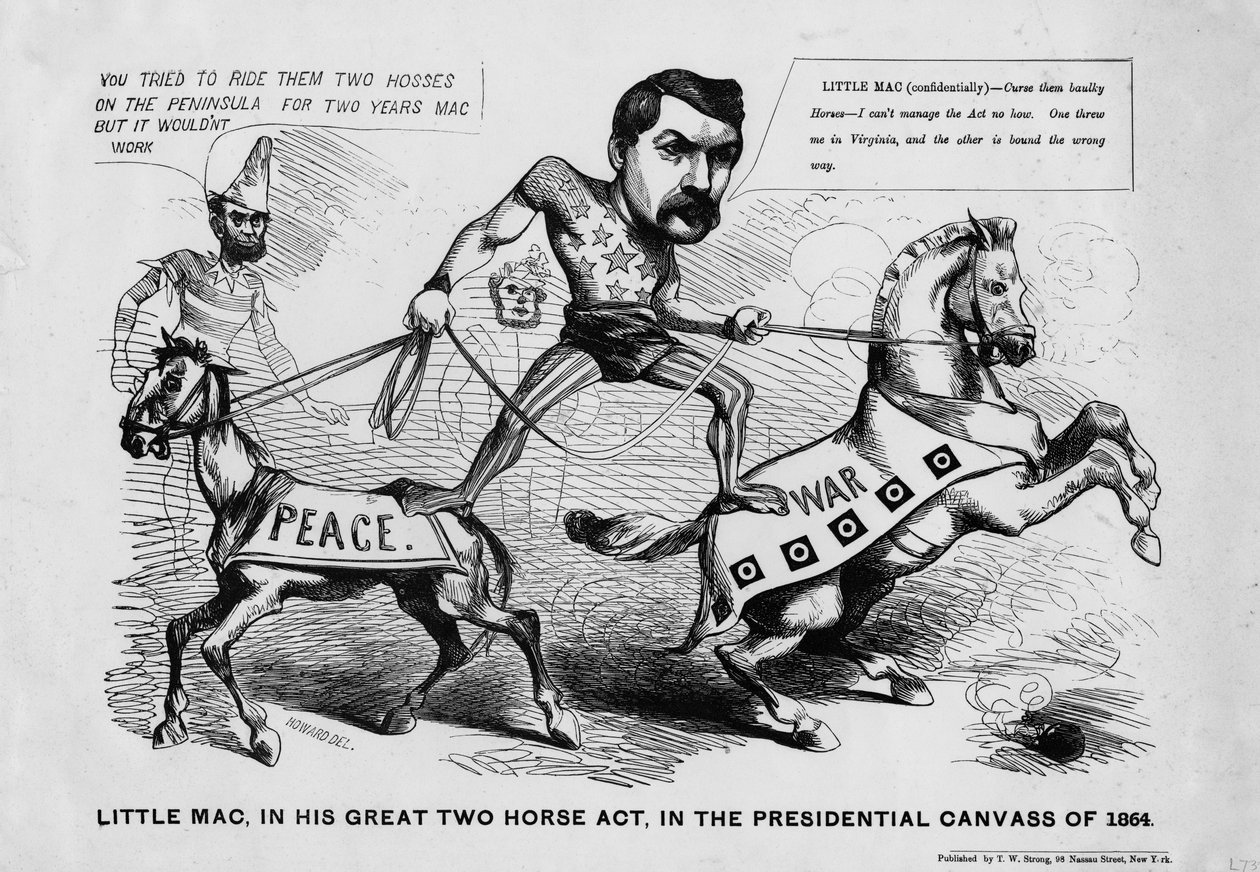 Little Mac, in seinem großen Zwei-Pferde-Akt, im Präsidentschaftswahlkampf von 1864, veröffentlicht von T.W. Strong, New York, ca. 1864 von Justin Howard