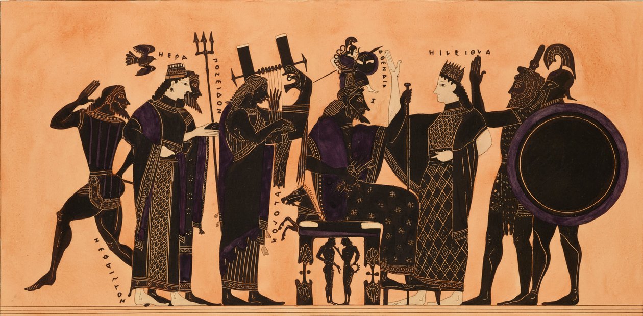 Druck der Dekoration auf einer griechischen Amphore, zeigt Hephaistos, Hera, Poseidon von Kaeppelin et Compagnie