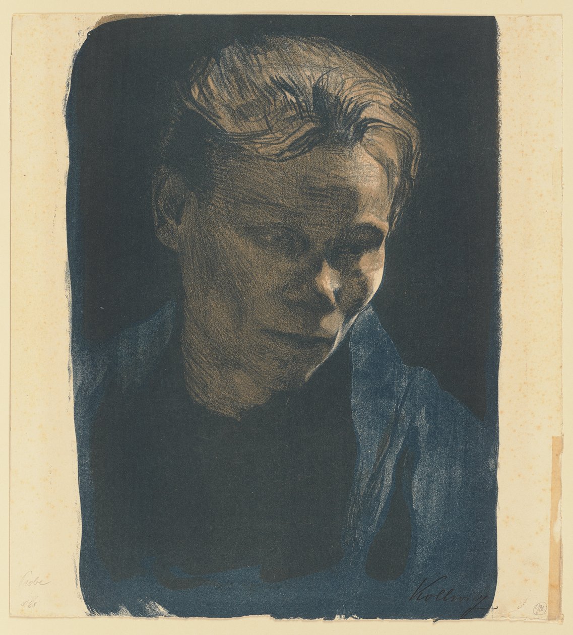 Halbporträt einer Arbeiterfrau mit blauem Schal von Käthe Kollwitz