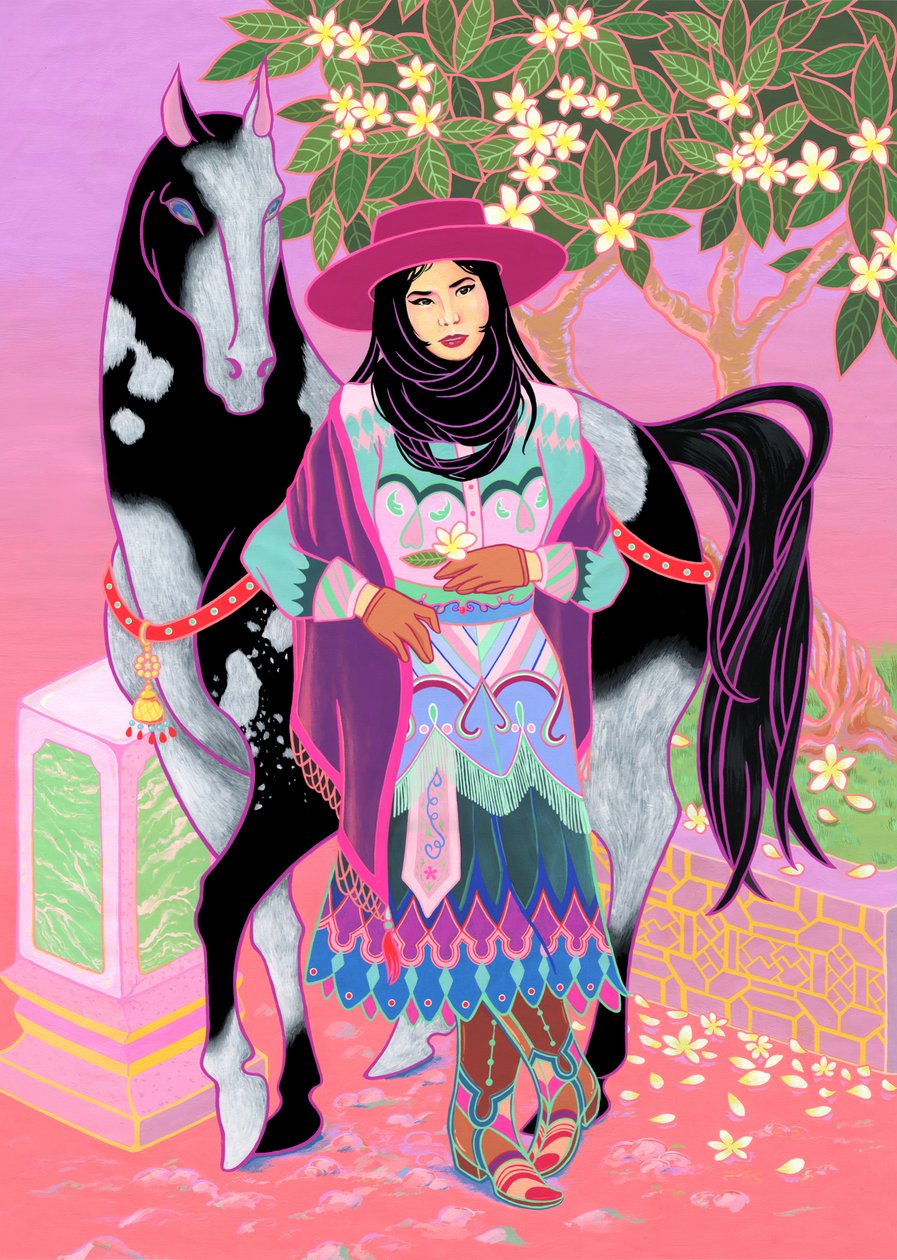 Kantonesische Cowgirl wartet unter Plumeria, 2020 von Kam Tsz