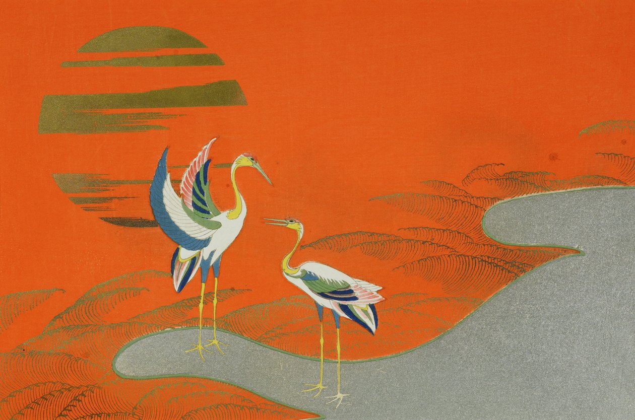Vögel bei Sonnenuntergang am See von Kamisaka Sekka