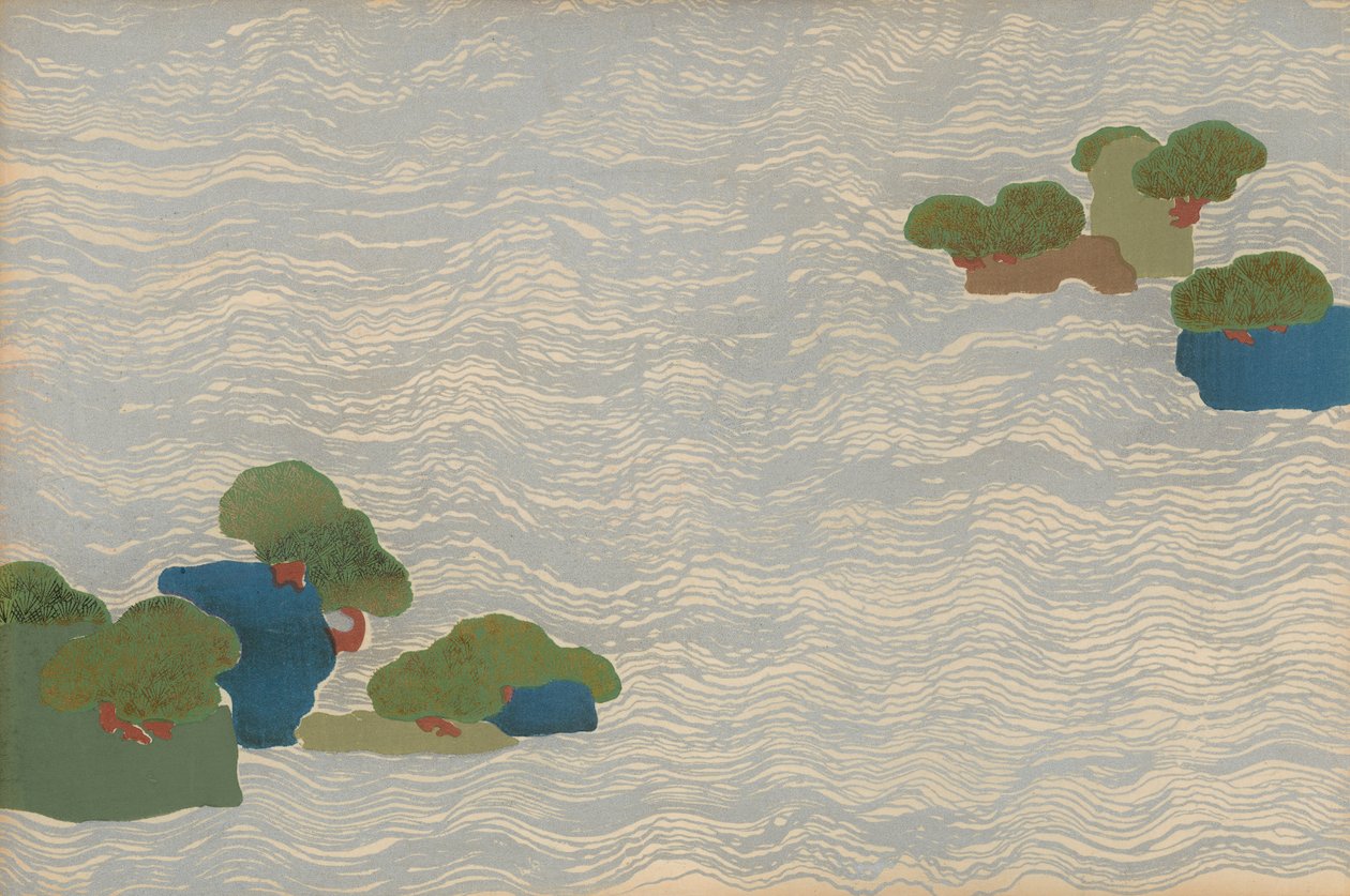 Kieferninseln in einem silbernen Meer, aus der Serie Chigusa (Tausend Gräser) von Kamisaka Sekka