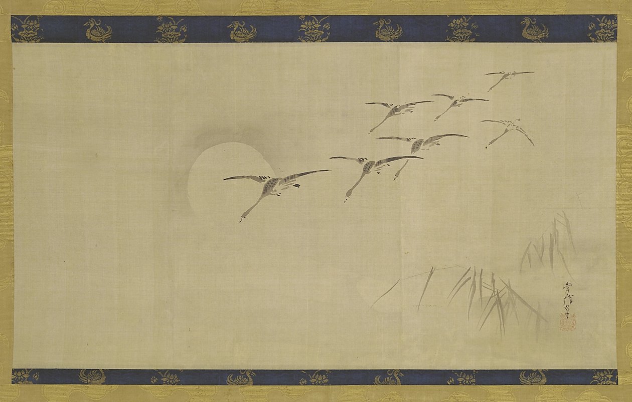 Gänse, Mond und Wasserpflanzen, Edo-Periode, Mitte 17. bis Anfang 18. Jahrhundert von Kano Tsunenobu