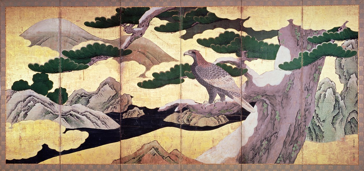 Die Falken in den Kiefern, 6-teiliger Faltbildschirm (Feder und Tinte, Farbe, Gold auf Panel) von Kano Eitoku