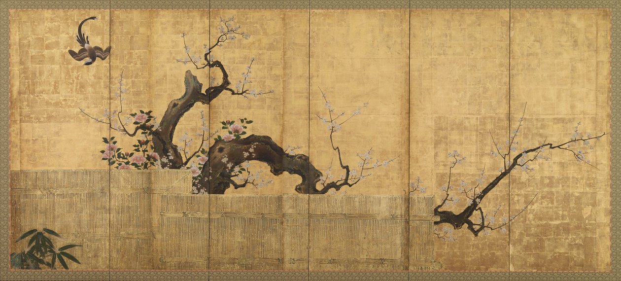 Blühender Pflaumenbaum und Kamelie in einer Gartenlandschaft von Kano Koi