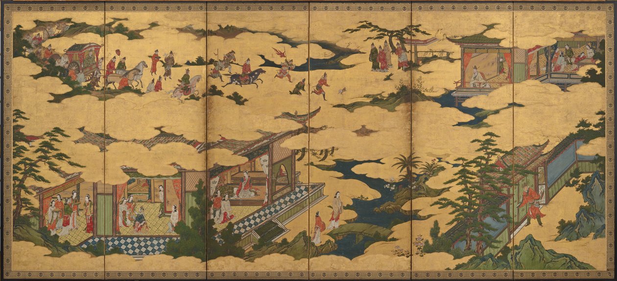 Szenen aus dem Leben des Ming Huang Kaisers und Yang Guifei, Momoyama-Periode, spätes 16. bis frühes 17. Jahrhundert von Kano Mitsunobu