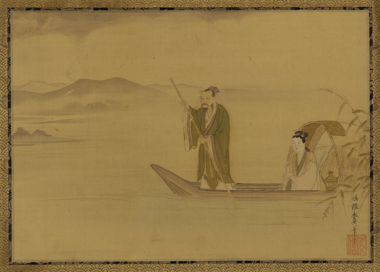 Chinesischer Mann und Frau in einem Boot, Edo-Periode, Mitte des 17. Jahrhunderts von Kano Yasunobu