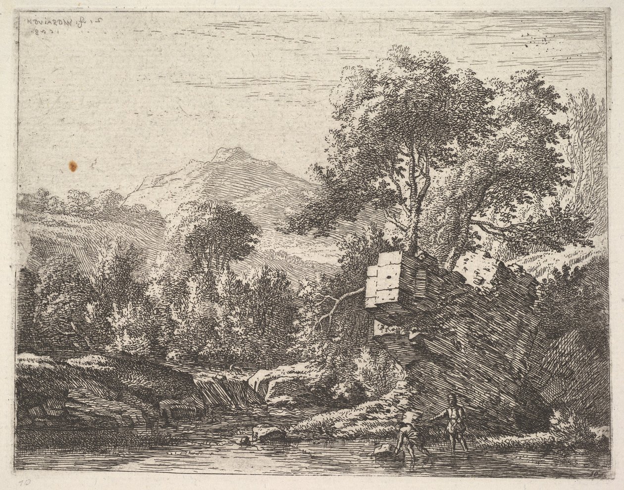 Zwei Männer stehen knöcheltief im Wasser mit einem felsigen Vorsprung dahinter, links, 1658 von Karel Du Jardin