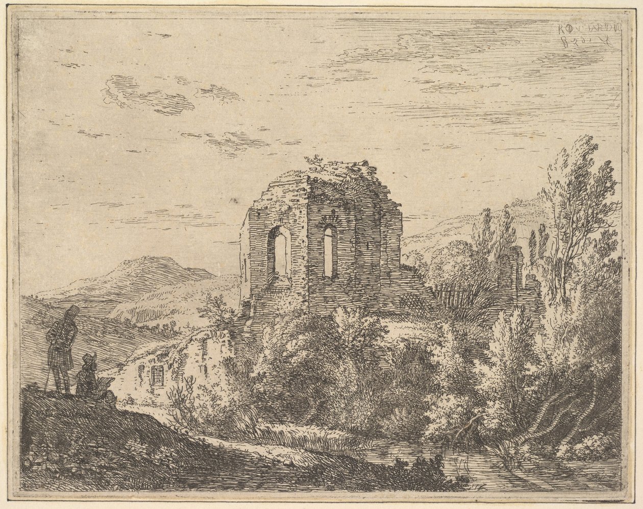 Ansicht von Ruinen mit der Ecke eines Gebäudes mit zwei Rundbogenfenstern, in einer Landschaft, 1658 von Karel Du Jardin