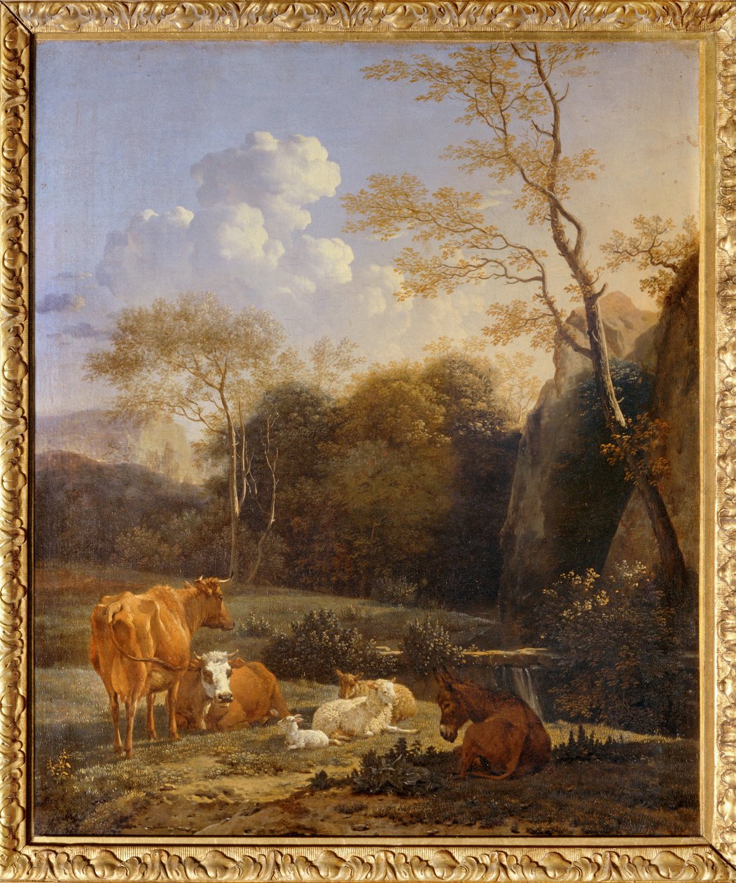 Der Hain, Kühe, Esel und Schafe in der Nähe eines Baches von Karel Dujardin