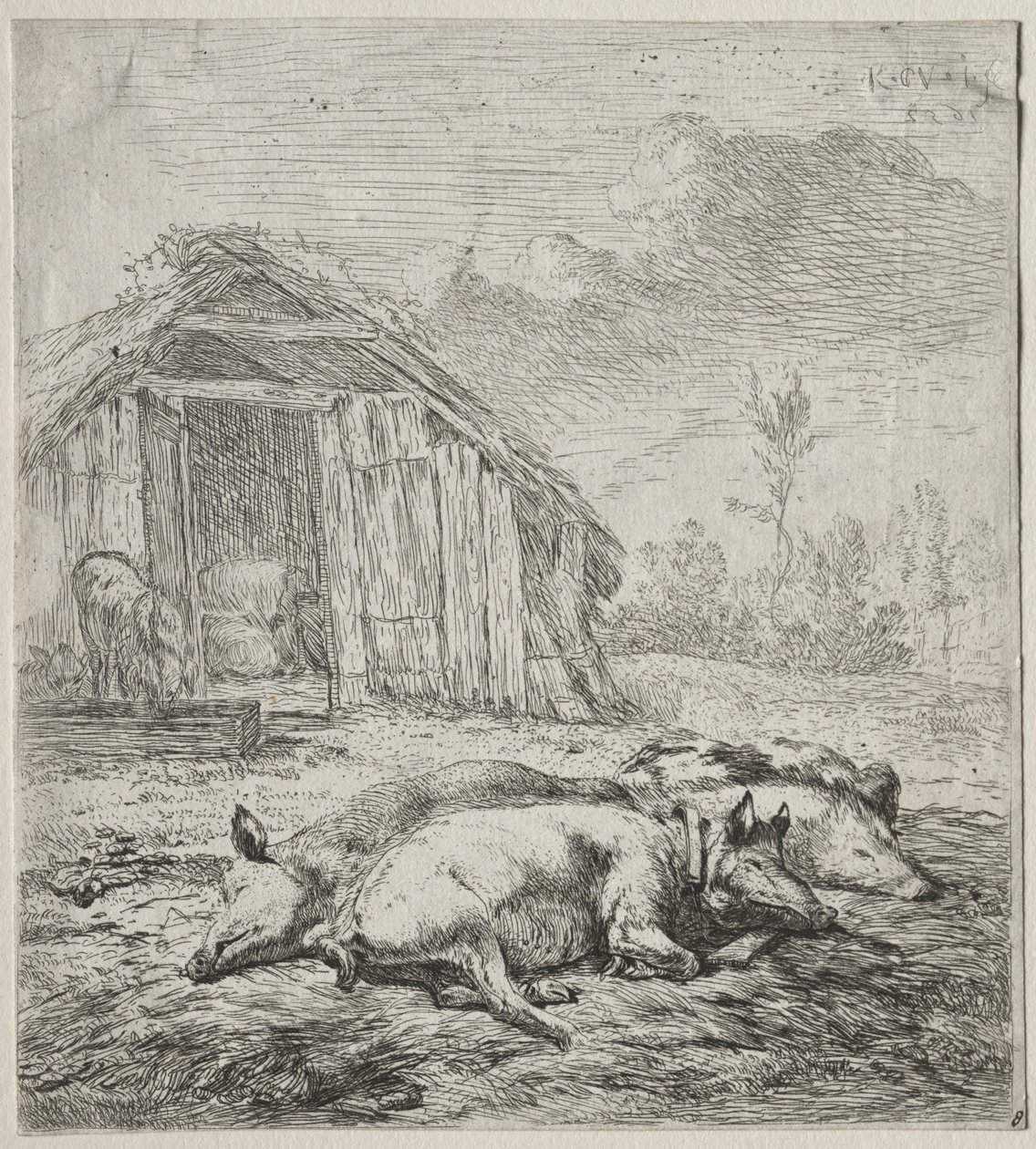 Drei Schweine liegen vor einem Stall von Karel Dujardin
