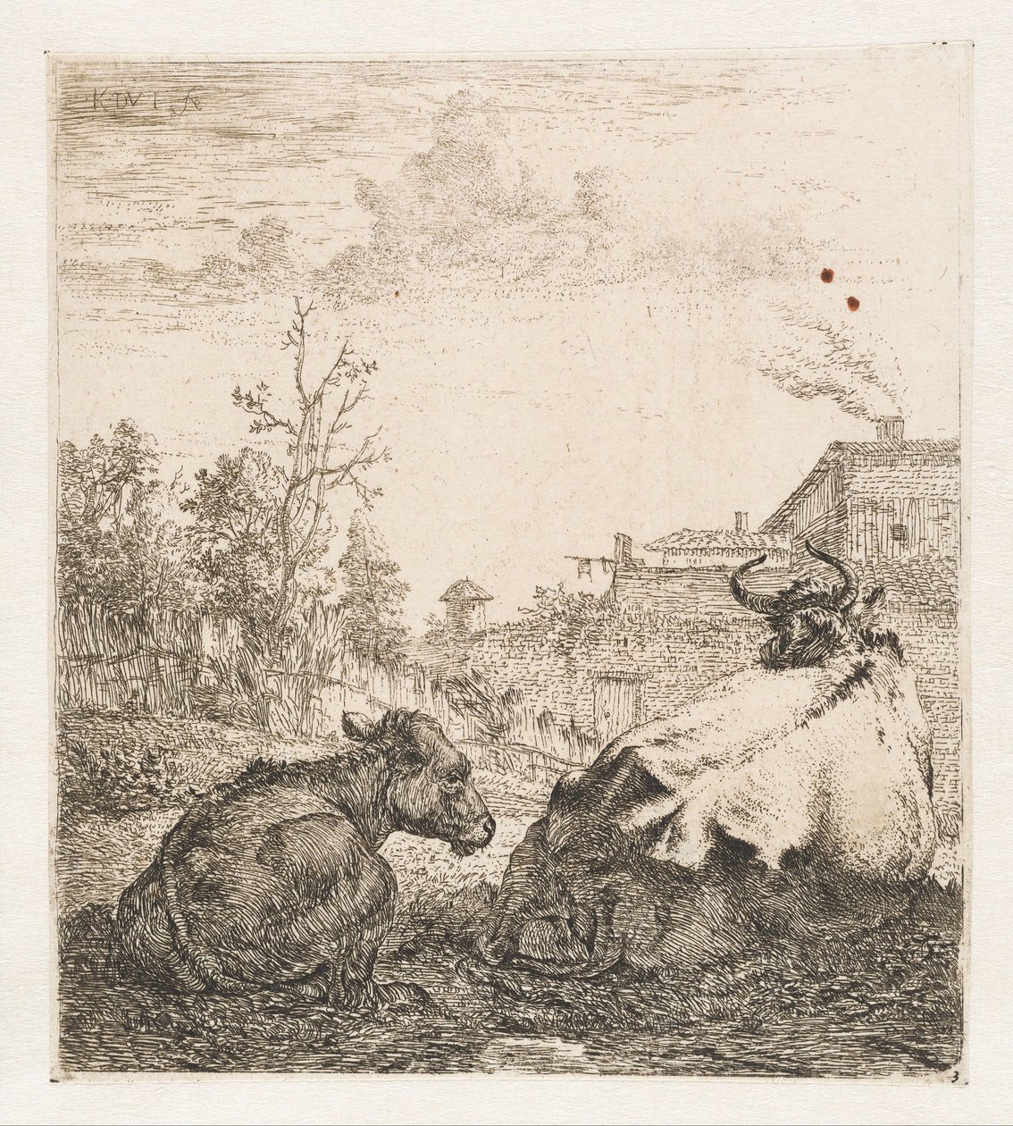 Liegende Kuh mit Kalb von Karel du Jardin (signed by artist)