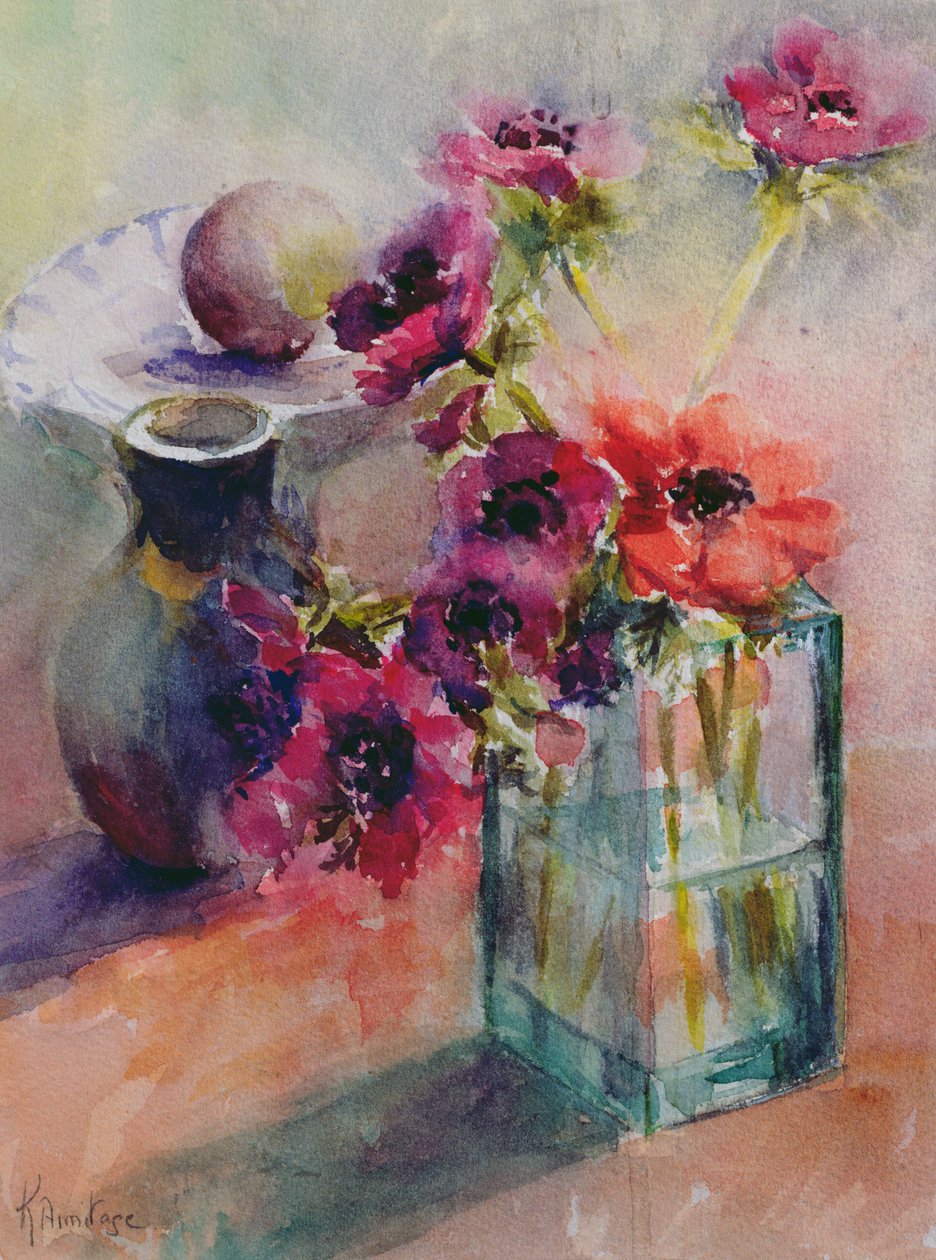 Anemonen in grüner Glasvase, 2002 von Karen Armitage