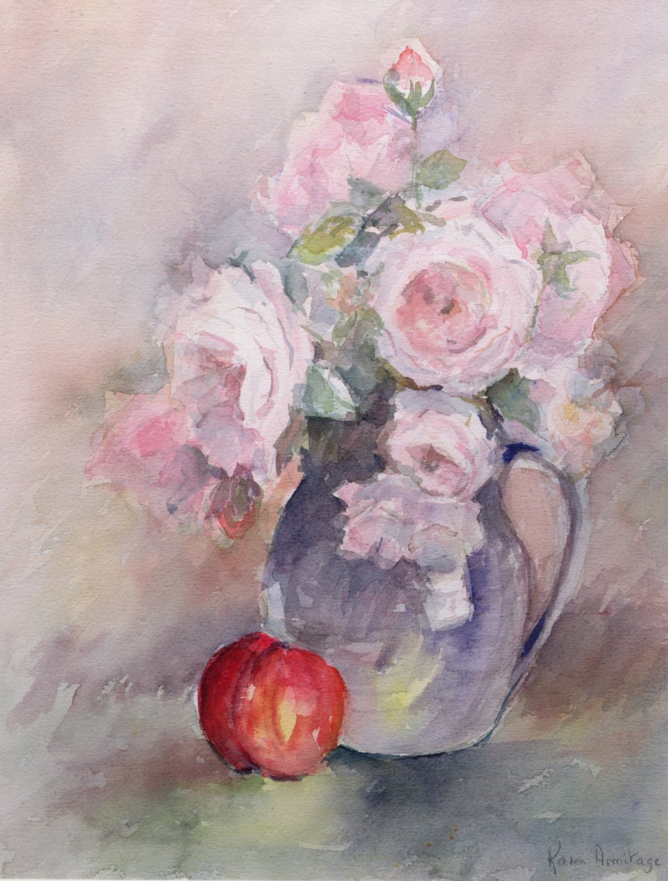 Rosa Rosen in einem blauen Krug, 1994 von Karen Armitage