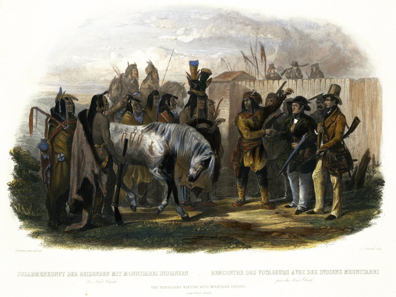 Die Reisenden treffen Minatarre-Indianer in der Nähe von Fort Clark, Platte 26 aus Band 1 von 