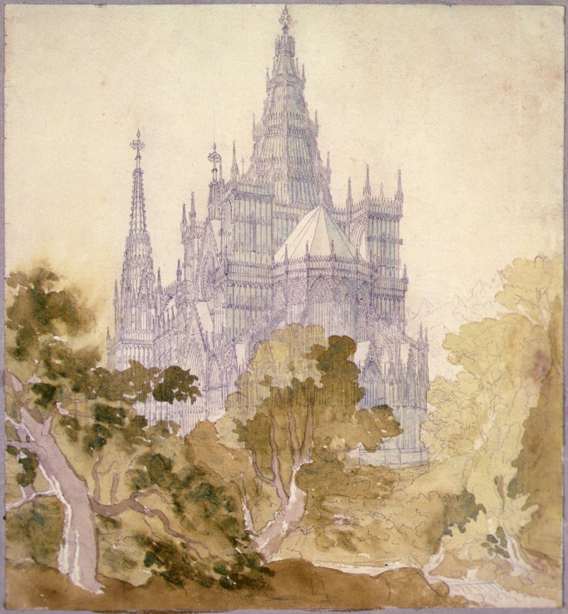 Eine bewaldete Landschaft mit einer gotischen Kirche von Karl Friedrich Schinkel