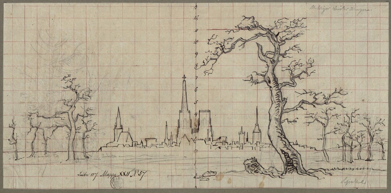 Ansicht einer Stadt mit hoch aufragender Kathedrale in einer winterlichen Landschaft von Karl Friedrich Schinkel