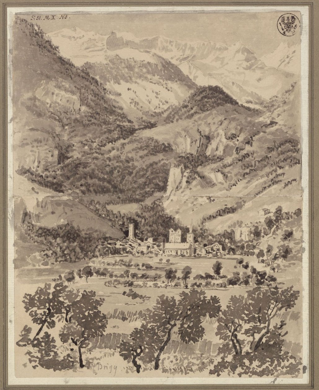 Ansicht von Brig mit Umgebung im Schweizer Kanton Wallis von Karl Friedrich Schinkel