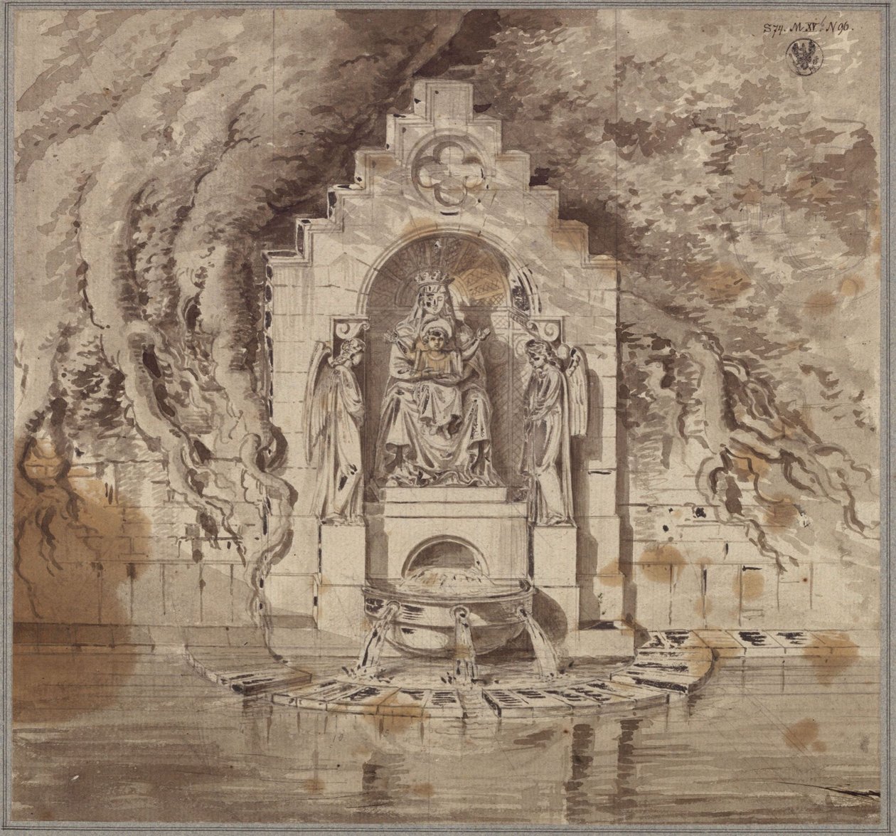 Architektonische Fassung einer Quelle mit einer Madonnen- und zwei Engelsstatuen von Karl Friedrich Schinkel