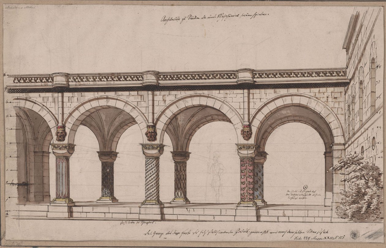 Ariodant. Oper von Etienne Nicolas Méhul. Entwurf zur 1. Dekoration. Arkadengang / Eine Galerie von Karl Friedrich Schinkel