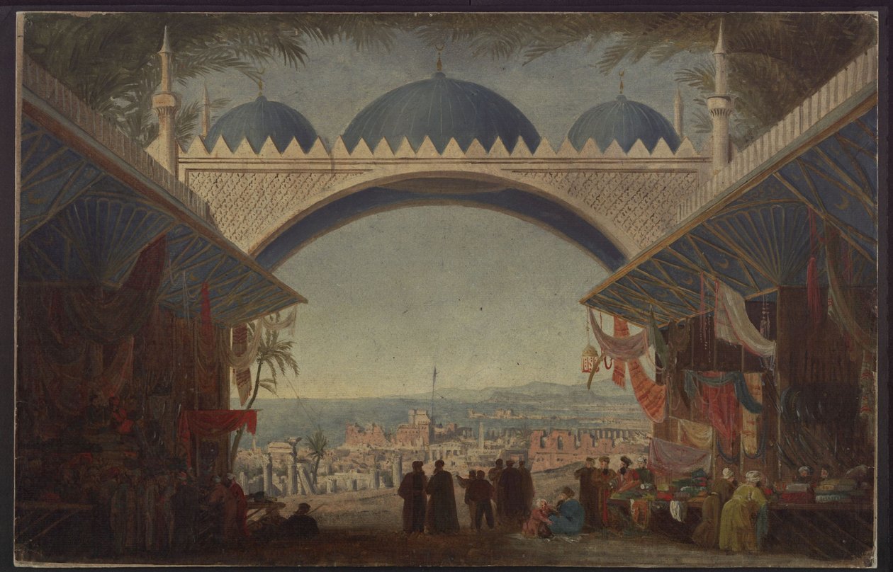 Aucassin und Nicolette. Oper von Georg Abraham Schneider. Entwurf zur 5. Dekoration. Basar in Tunis von Karl Friedrich Schinkel