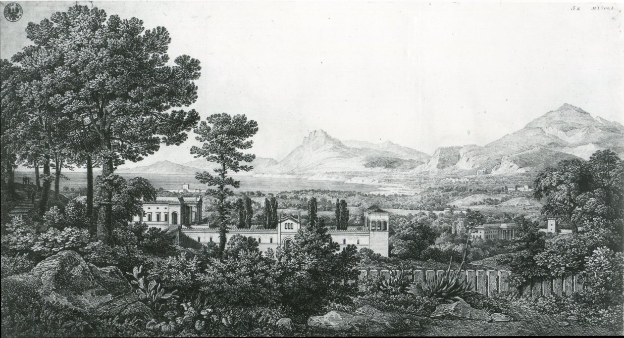 Aussicht vom Palast des Prinzen Valguarnera auf einen Teil der Bagaria bei Palermo und den Golf von Cefalù von Karl Friedrich Schinkel