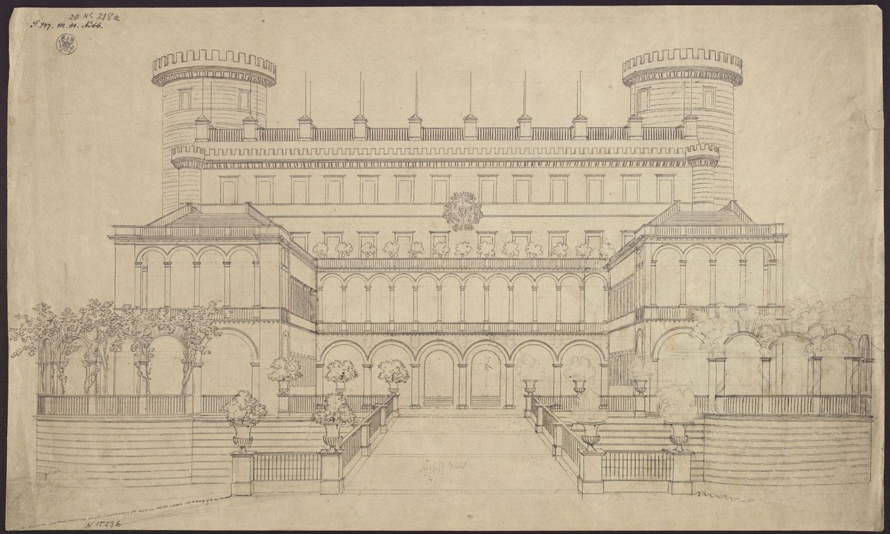 Bad Muskau. Schloss. Erster Umbauvorschlag. Aufriss der Südseite von Karl Friedrich Schinkel