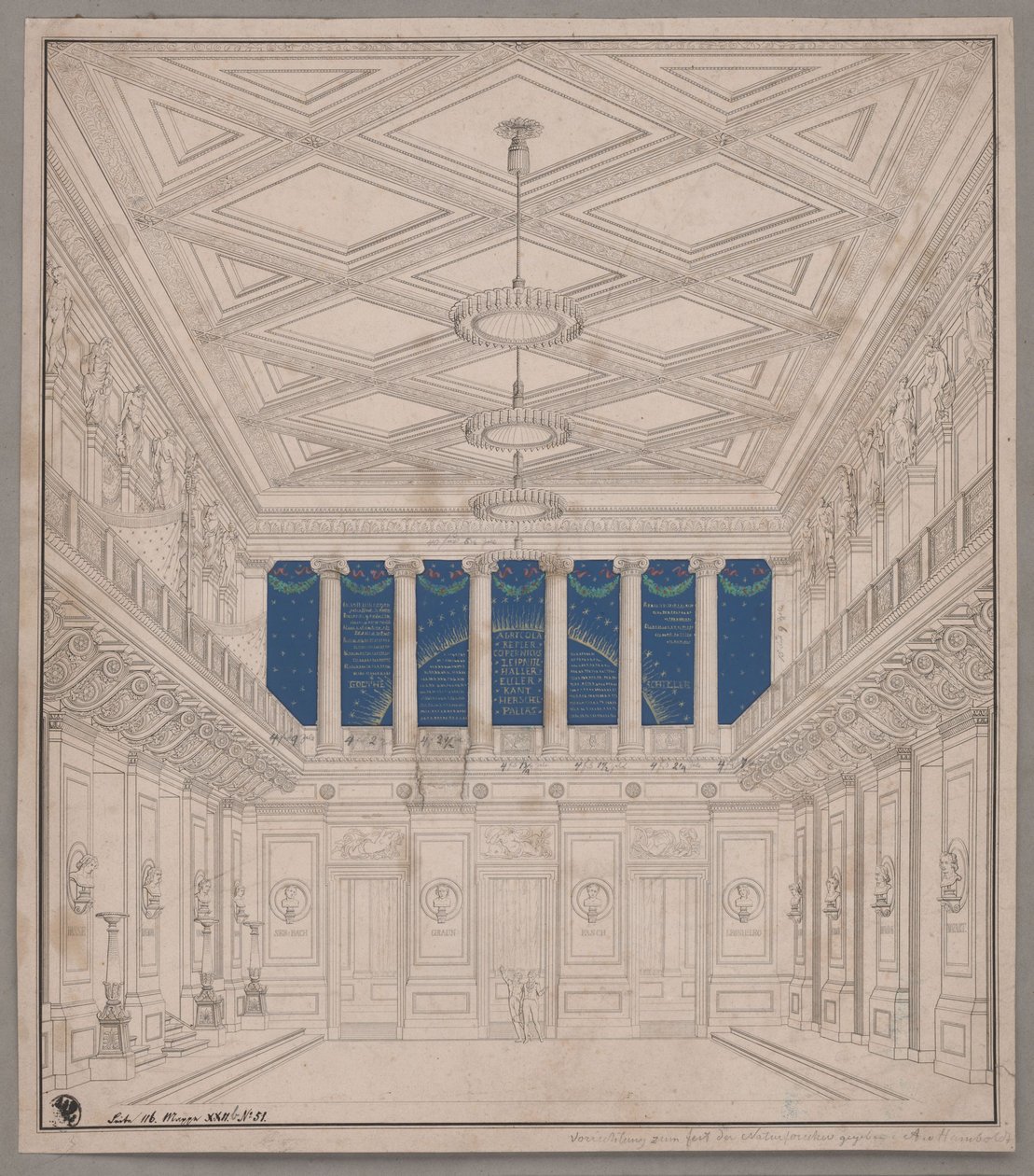 Berlin. Schauspielhaus auf dem Gendarmenmarkt, Konzertsaal. Dekoration zum Fest der Naturforscher von Karl Friedrich Schinkel