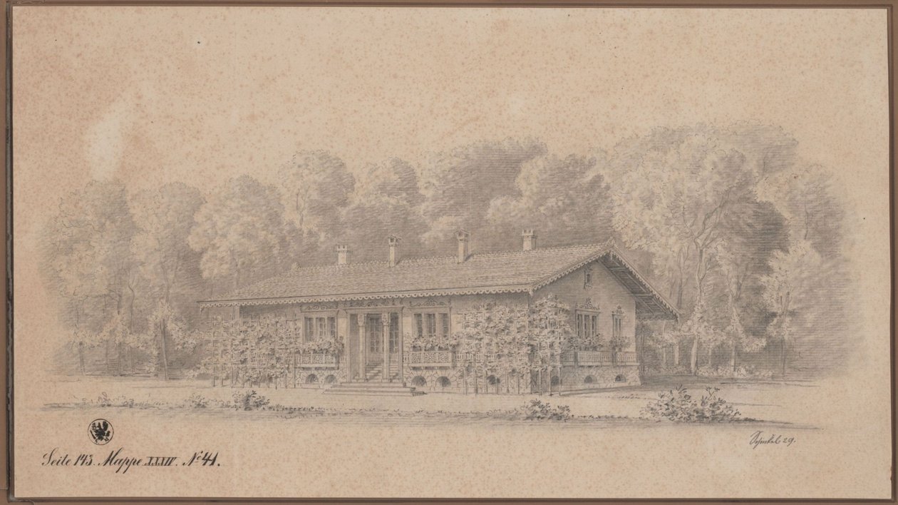 Berlin. Schweizerhaus auf der Pfaueninsel. Ansicht von Karl Friedrich Schinkel