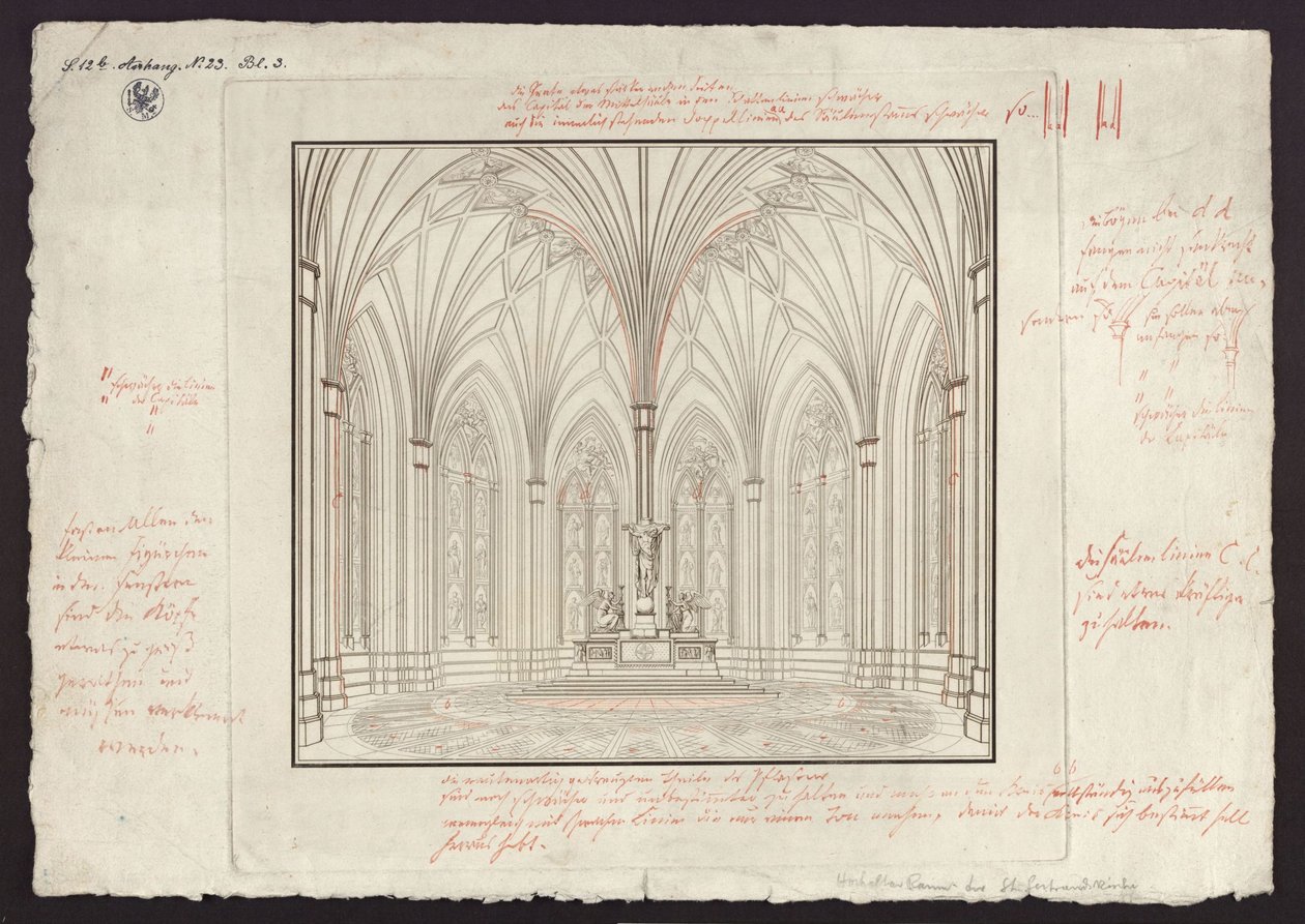 Berlin, Spittelmarkt. Entwurf zur Gertraudenkirche. Innenansicht des Chores, mit Korrekturen von Karl Friedrich Schinkel