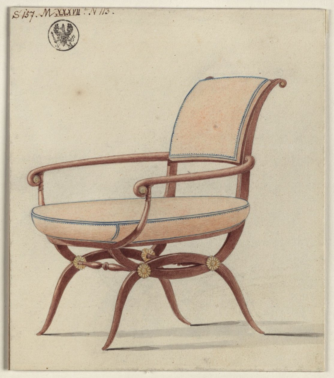 Berlin, Unter den Linden. Königliches Palais, Chamois-Zimmer Friedrich Wilhelms III. Entwurf zu einem Armlehnstuhl von Karl Friedrich Schinkel