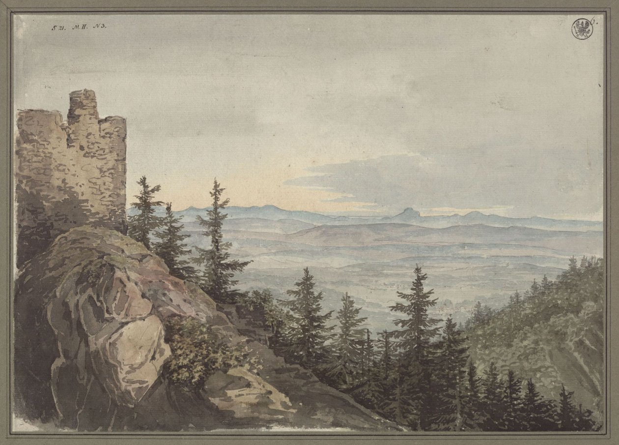 Blick von der Ruine der Geiersburg auf die Ebene von Teplitz mit dem Kloster Maria Schein, im Hintergrund das böhmische Gebirge von Karl Friedrich Schinkel
