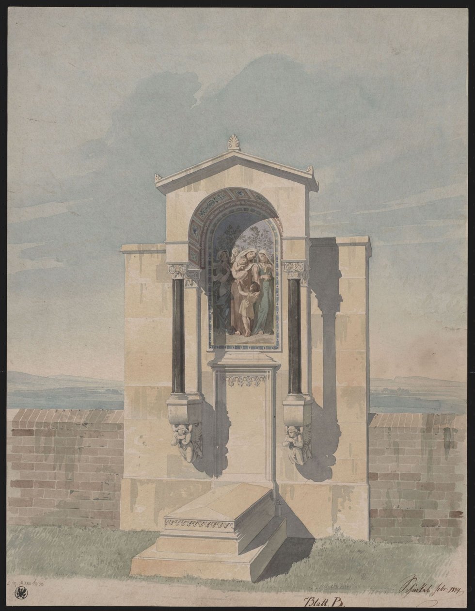 Bonn. Entwurf zum Grabdenkmal für Barthold Georg Niebuhr, mit dem Bild der christlichen Tugenden "Glaube, Liebe, Hoffnung" von Karl Friedrich Schinkel