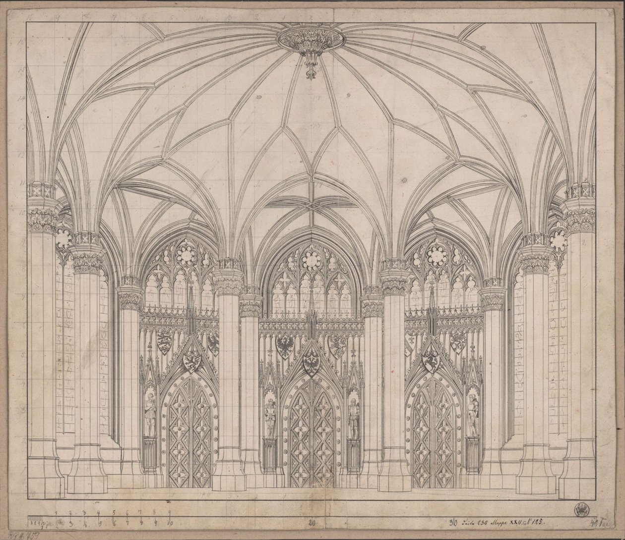 Dekoration zum allgemeinen Gebrauch. Gotisches Zimmer mit drei Türen und breiten Fenstern von Karl Friedrich Schinkel