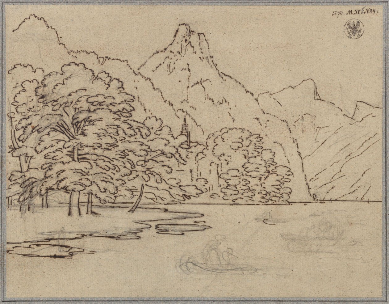 Gebirgslandschaft mit See, wohl der Traunsee mit dem Kleinen Sonnstein von Karl Friedrich Schinkel