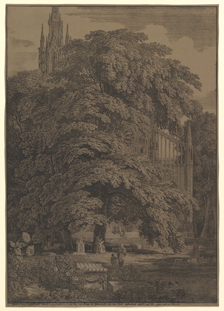 Gotische Kirche hinter einem Baum versteckt, 1810 von Karl Friedrich Schinkel