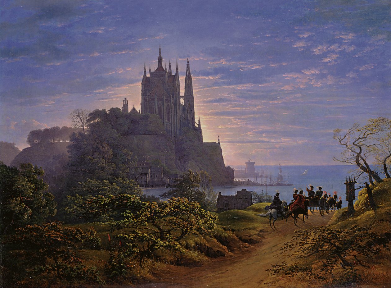 Gotische Kirche auf einem Felsen am Meer von Karl Friedrich Schinkel