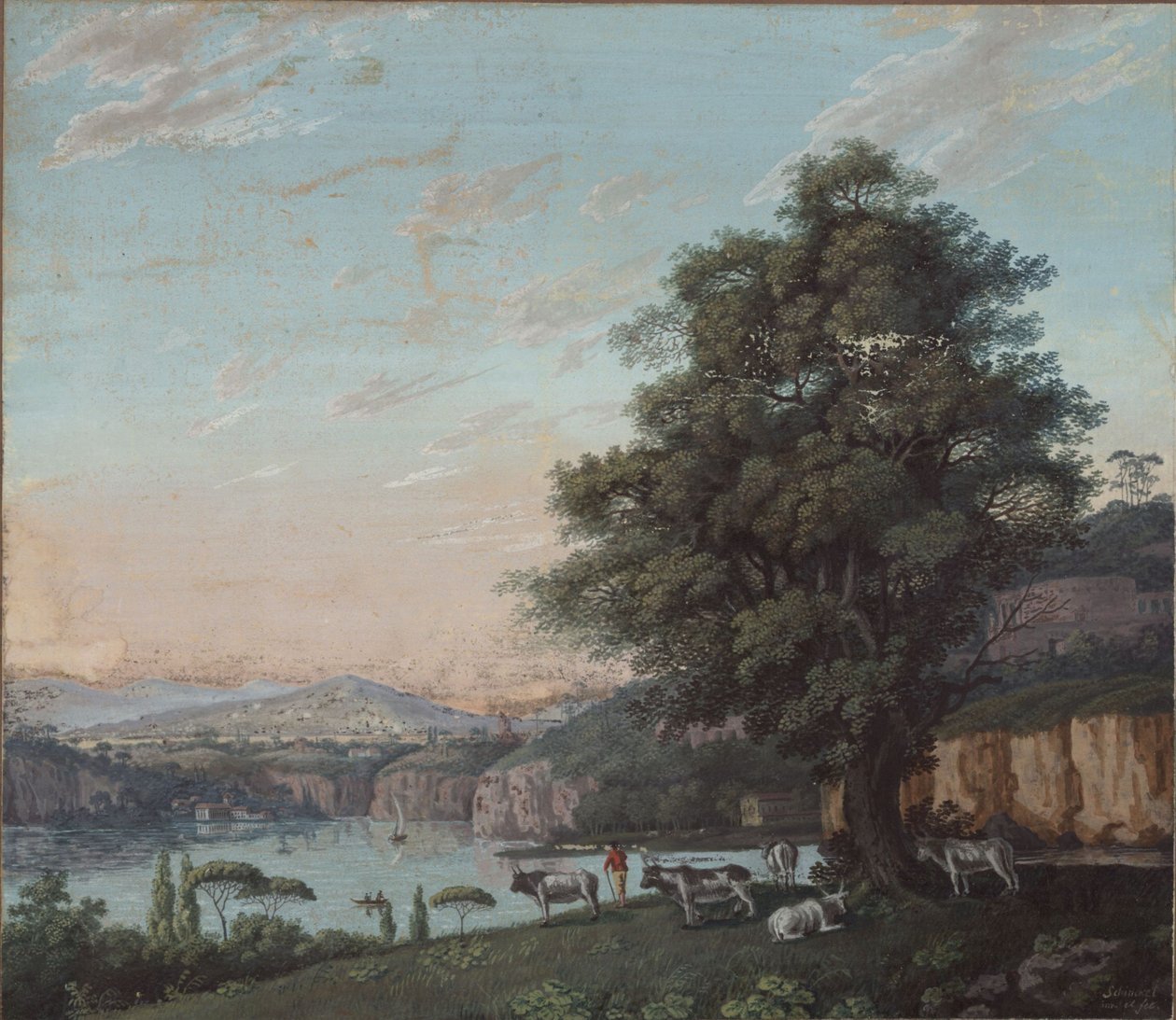 Italienische Ideallandschaft mit Baum, Herde und Bergen von Karl Friedrich Schinkel