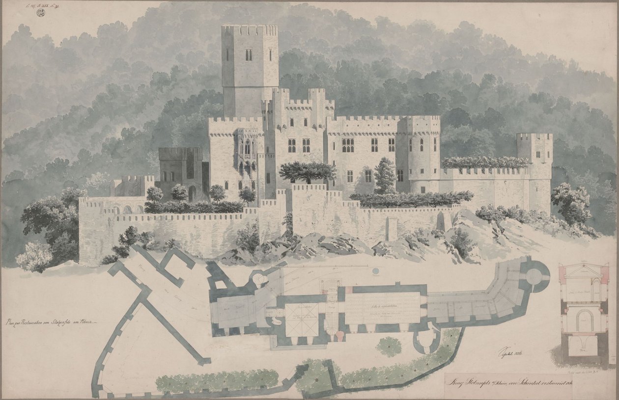 Koblenz. Ruine Stolzenfels. Grundriss und Ansicht von Karl Friedrich Schinkel