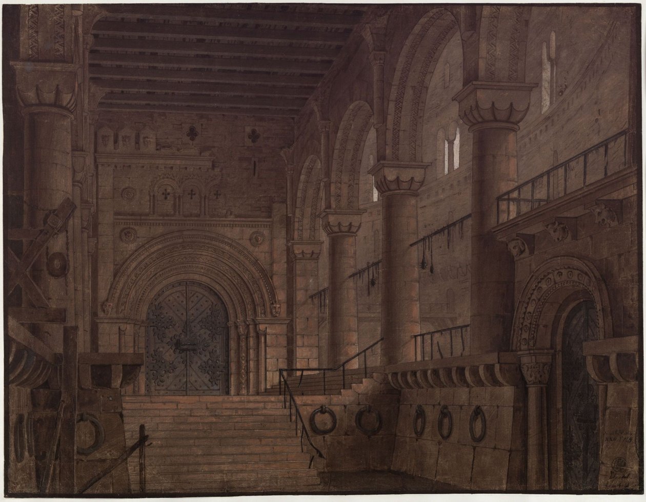 König Yngurd. Trauerspiel von Adolf Müllner. Entwurf zur 5. Dekoration. Saal im Turm mit der Todespforte von Karl Friedrich Schinkel