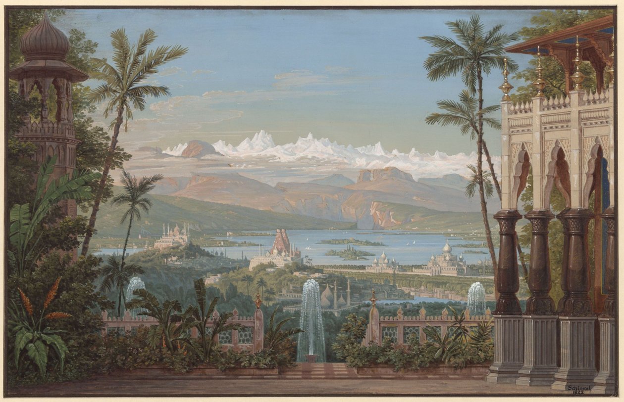Nurmahal oder das Rosenfest von Kaschmir. Oper von Gaspare Spontini. Entwurf zur 2. Dekoration. Gartenterrasse mit Blick ins Kaschmirtal von Karl Friedrich Schinkel