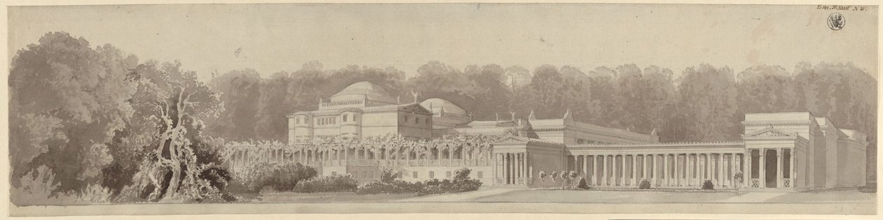 Potsdam-Sanssouci. Antikes Landhaus bei Schloss Charlottenhof. Perspektivische Ansicht von Nordosten von Karl Friedrich Schinkel