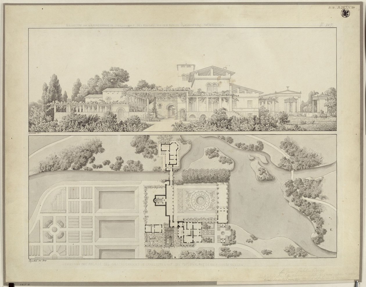Potsdam-Sanssouci. Römische Bäder bei Schloss Charlottenhof. Ansicht von Westen und Grundriss des Gärtnerhauses von Karl Friedrich Schinkel