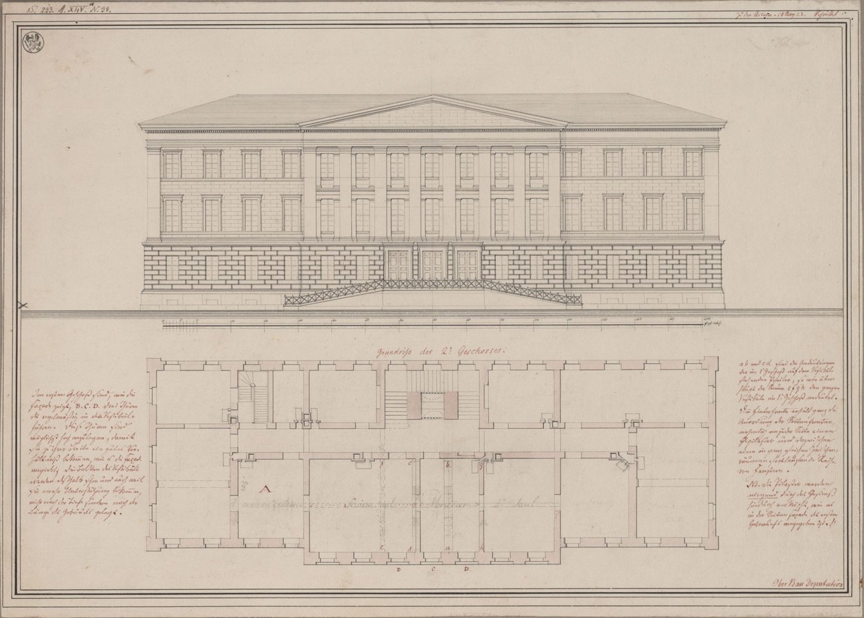 Ratibor (Racibórz). Entwurf zum Oberlandesgericht. Aufriss und Grundriss von Karl Friedrich Schinkel