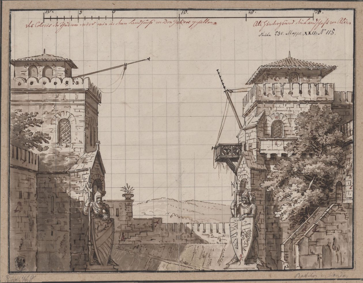 Ratibor und Wanda. Schauspiel von Jakob Andreas Konrad Levezow. Entwurf zur 3. Dekoration. Kastell mit Ausblick auf Berge von Karl Friedrich Schinkel