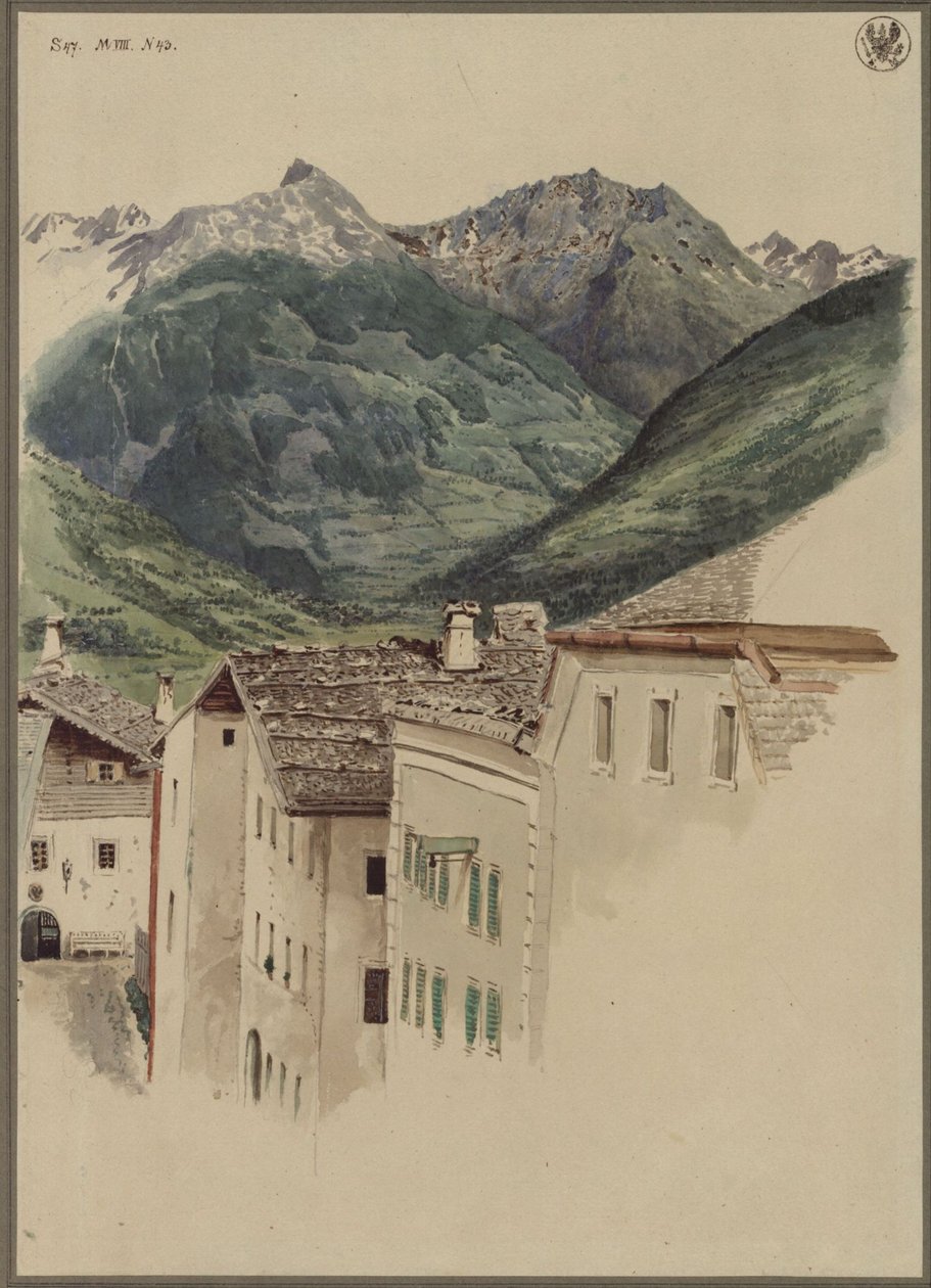 Straßenzug in Hofgastein mit Blick auf den Hüttelkogel, den Graukogel, das Feuersengmassiv und die Gamskarspitze von Karl Friedrich Schinkel