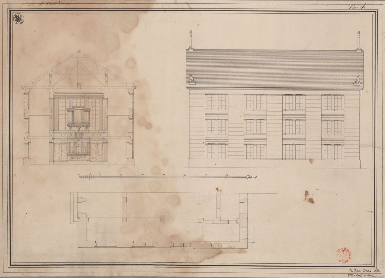 Tillendorf (Bolesławice, Regierungsbezirk Liegnitz). Entwurf zur evangelischen Kirche. Grundriss, Aufriss der Seitenfassade und Querschnitt von Karl Friedrich Schinkel