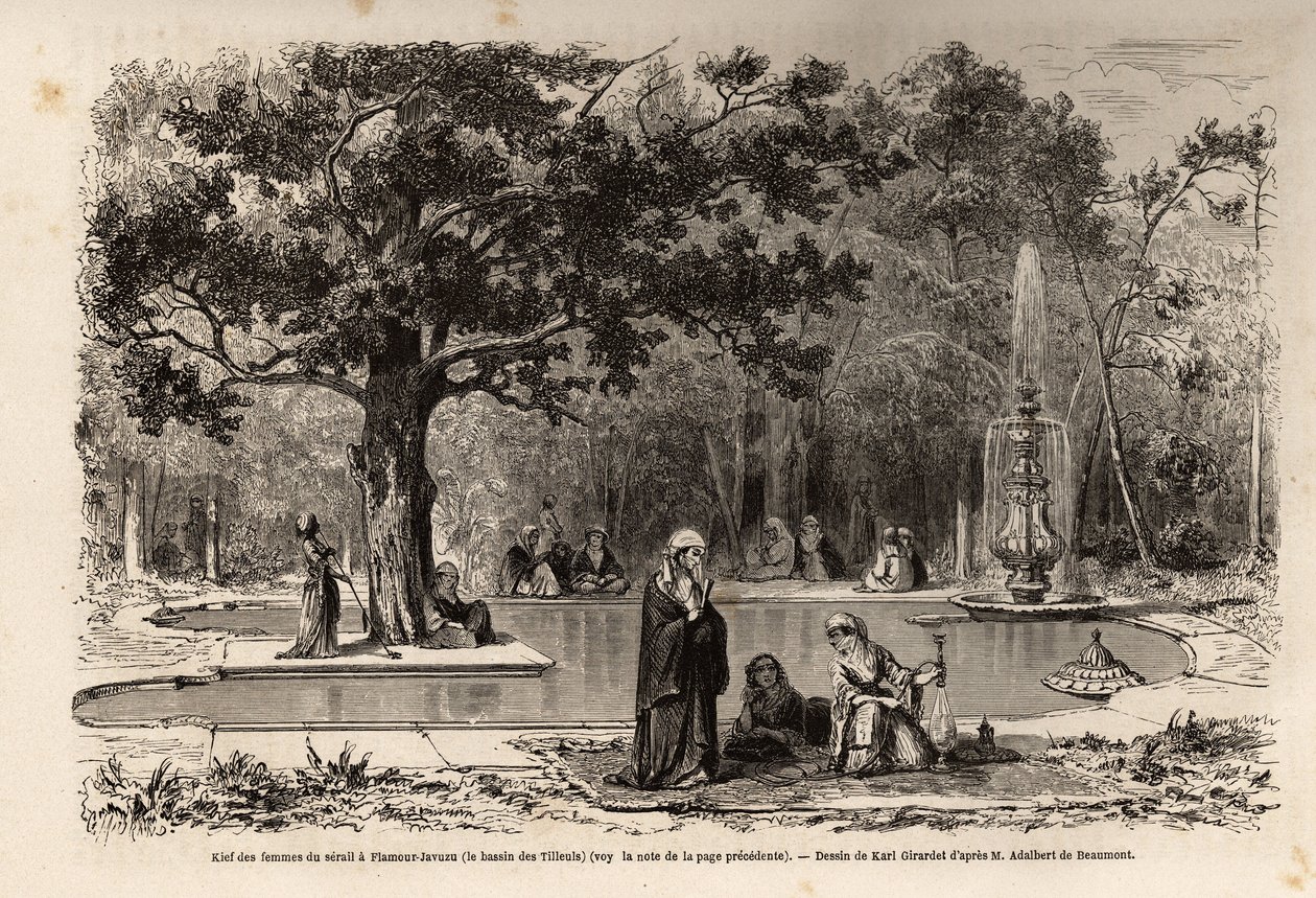 Der Kief der Frauen des Serails in Flamour-Javuzu, im Palast von Konstantinopel (heutiges Istanbul), Türkei, Zeichnung von Karl Girardet, zur Illustration eines Besuchs im Serail im Jahr 1860, von einer anonymen Frau. Gravur in „Le tour du monde“ von Karl Girardet